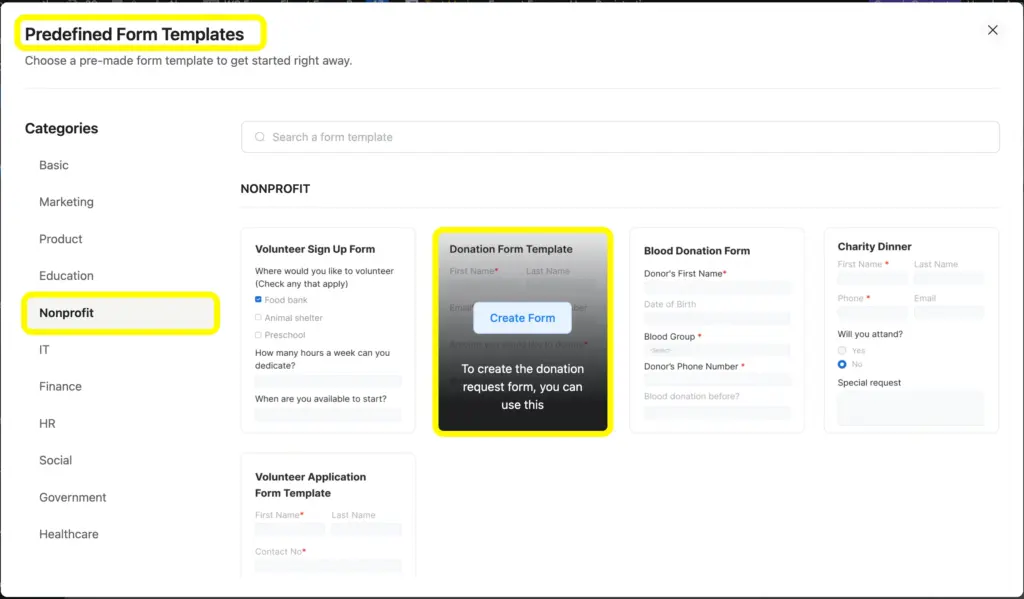 Use Fluent Forms predefined form templates to build a donation form