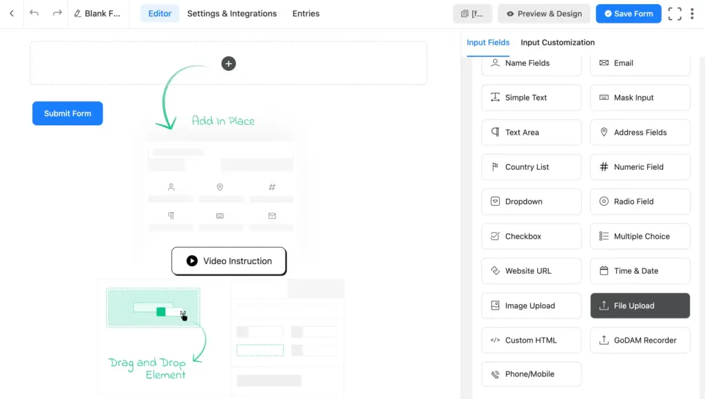 Choose your preferred fields from the 60+ input fields of Fluent Forms.