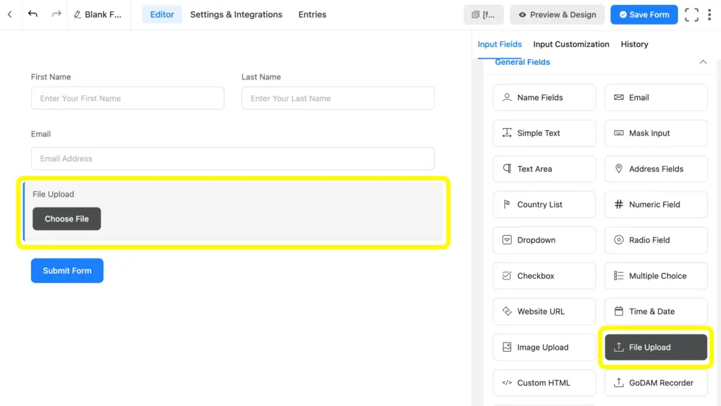 Fluent Forms file upload field allows users to upload different types of fields.