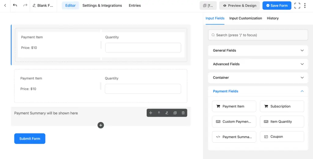 You can add the payment item and item quantity fields in Fluent Forms.