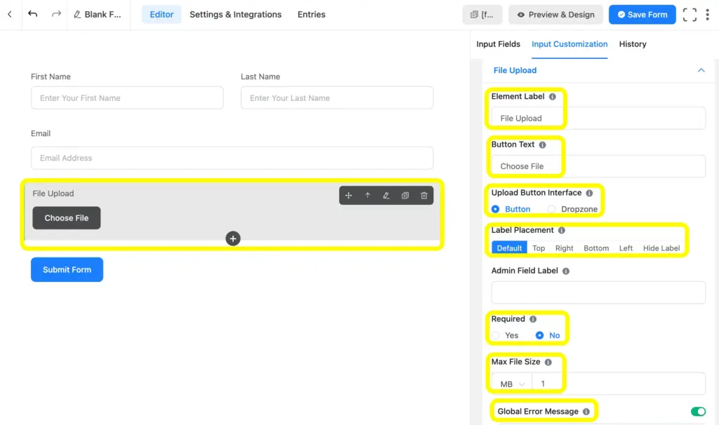 Customize the file upload field of Fluent Forms while toggling the upload button interface and maximum file size.