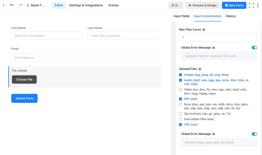 Fluent Forms allows the users to upload images, audio, pdf, docs, zip archives, exe, and csv.