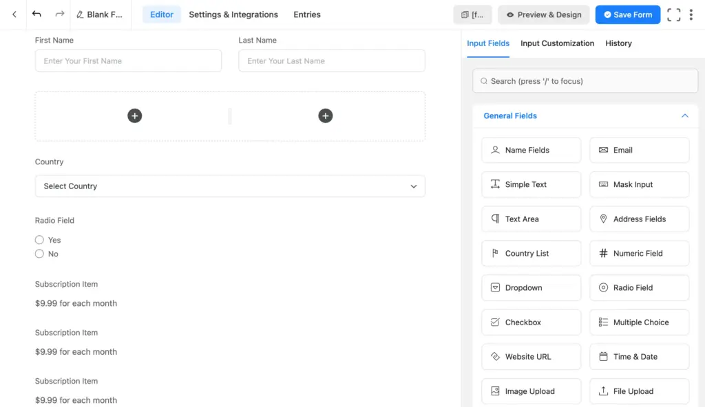 Choose the required fields form the 60+ input fields in Fluent Forms