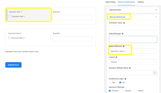 Change the name attriibute of different payment items so that you can choose the specific ones for the perfect calculation.