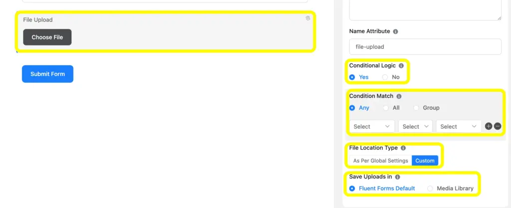 Conditional logic can be applied in the Fluent Forms file upload field.