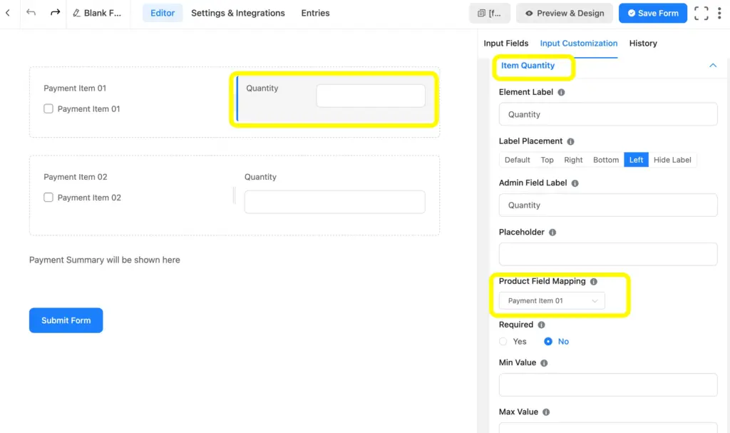 Use the product field mapping for the payment calculation in the payment summary.