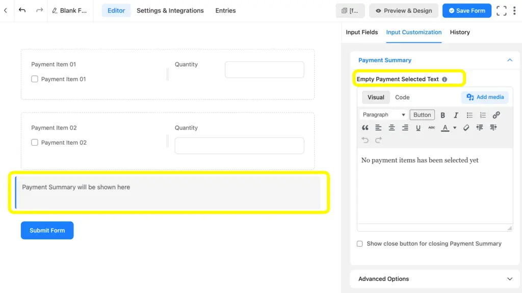 Once the payment item and item quantity are customized, you literally need not customize the payment summary field.