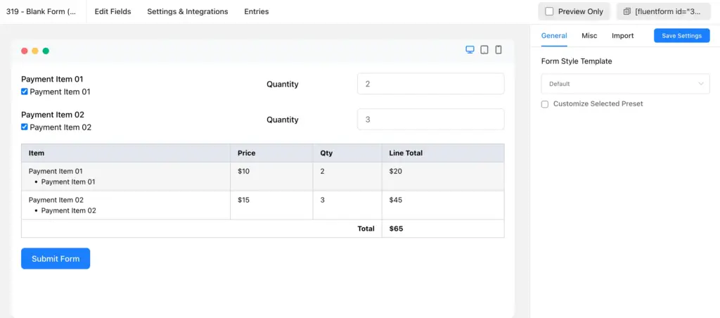Check the payment summary in the preview of your Fluent Forms form.