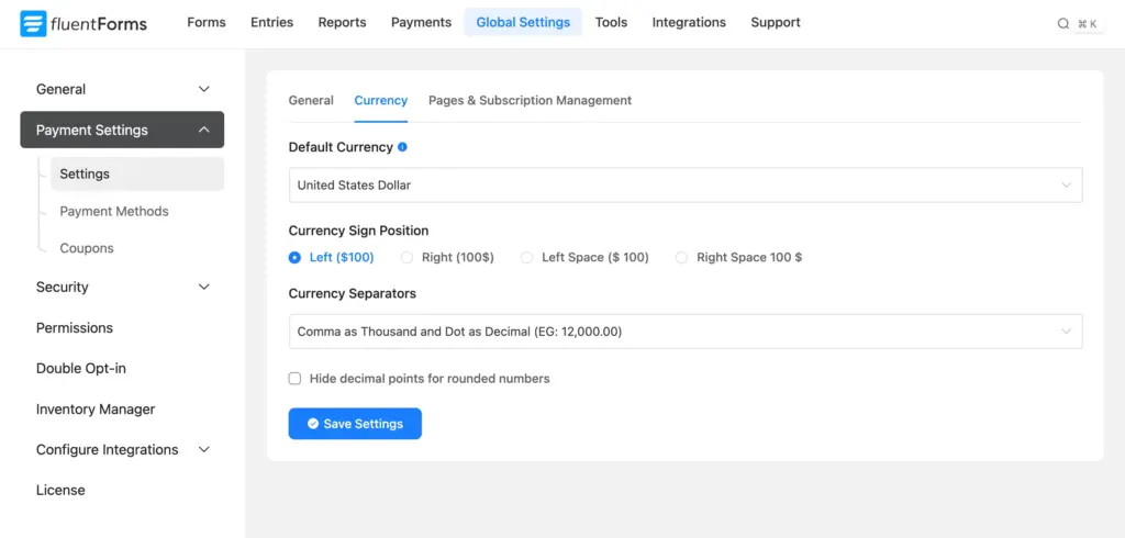 Configure currency and amount format in Fluent Forms
