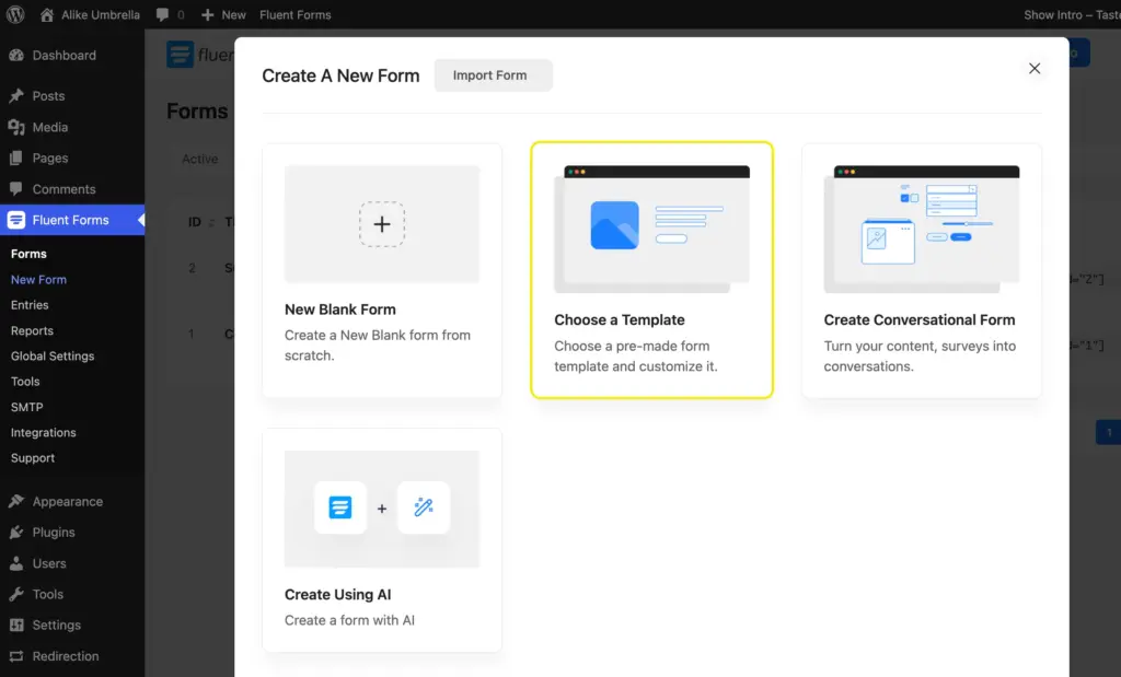 Create a form from template in Fluent Forms