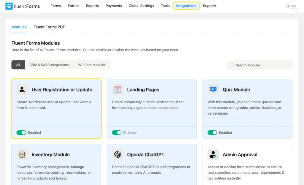 Enable the user registration or update module in Fluent Forms