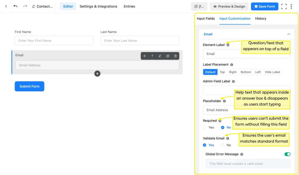 Field settings in Fluent Forms