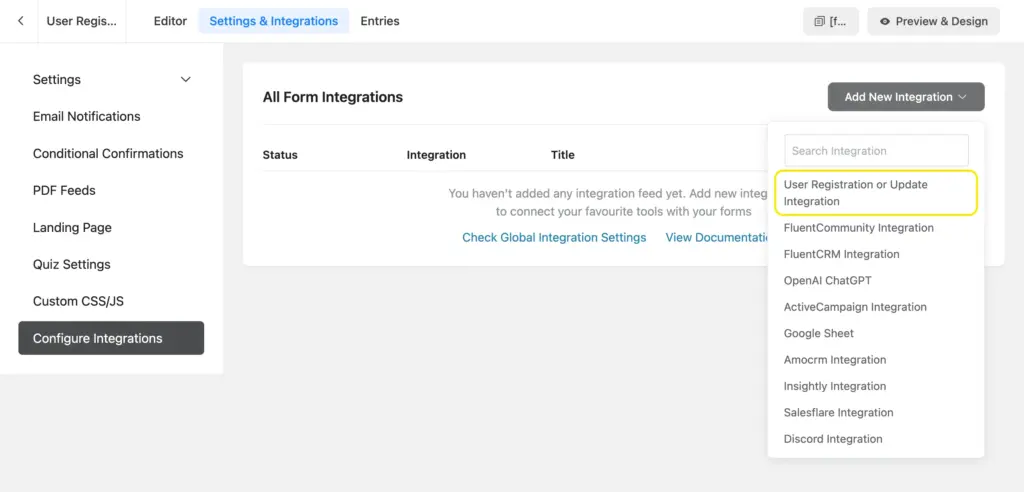 Go to your registration form's settings to create a new user registration feed