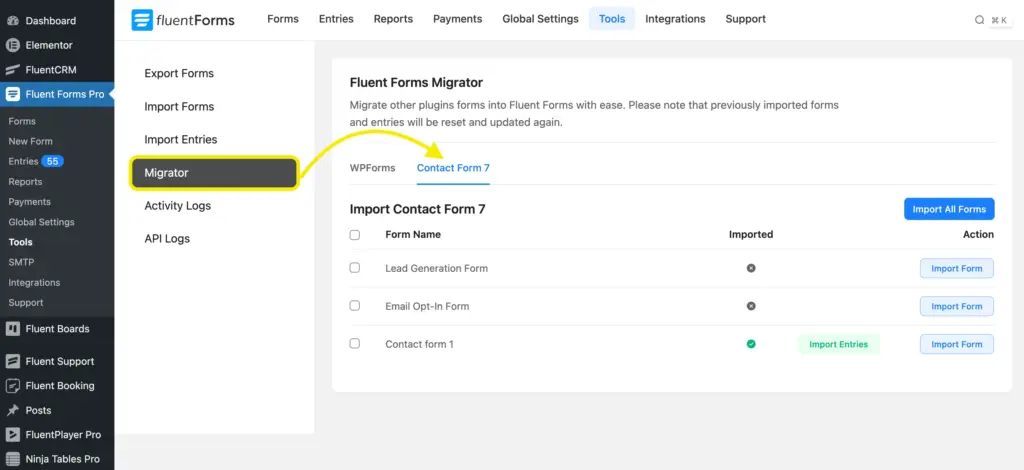 Migrator tool Fluent Forms  (WPForms and Contact form 7 to Fluent Forms)
