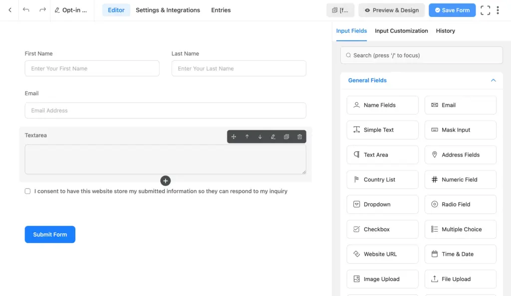 To make an opt-in form with Fluent Forms, choose required fields from the input fields.