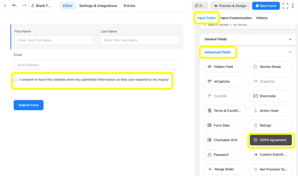 Use Fluent Forms GDPR agreement field to make your forms GDPR-compliant.
