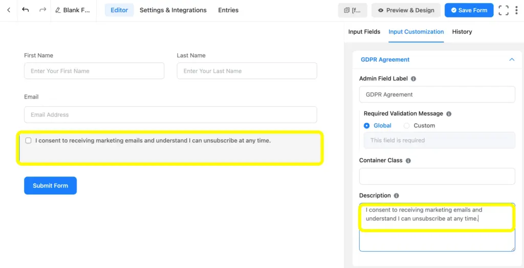 You can edit the description of the GDPR consent in the Input Customization of Fluent Forms editor page.