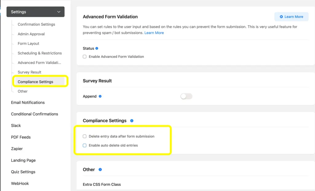 Use Fluent Forms compliance settings to auto delte entries.