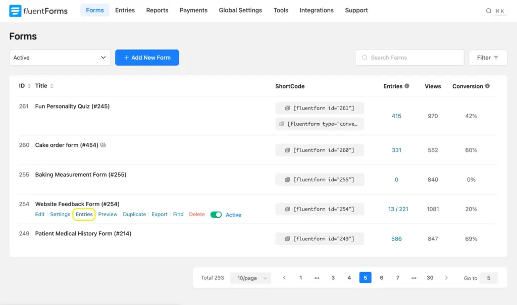 View entries & analytics of individual forms in Fluent Forms
