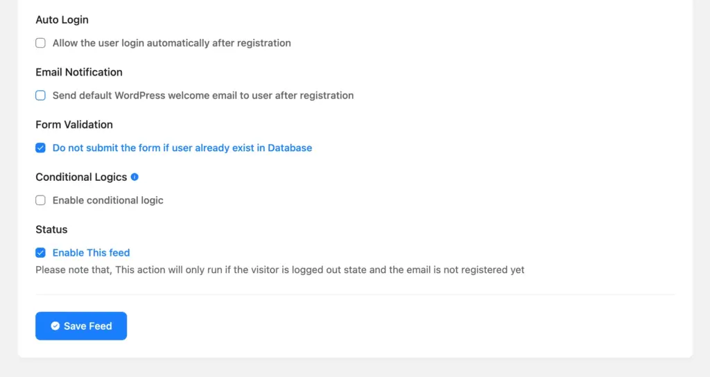 auto login and additional settings of user registration feed