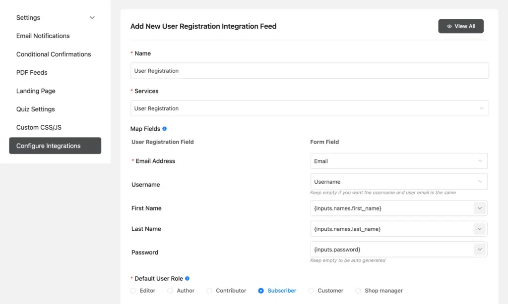 configure your registration feed by matching form fields to WordPress user registration fields