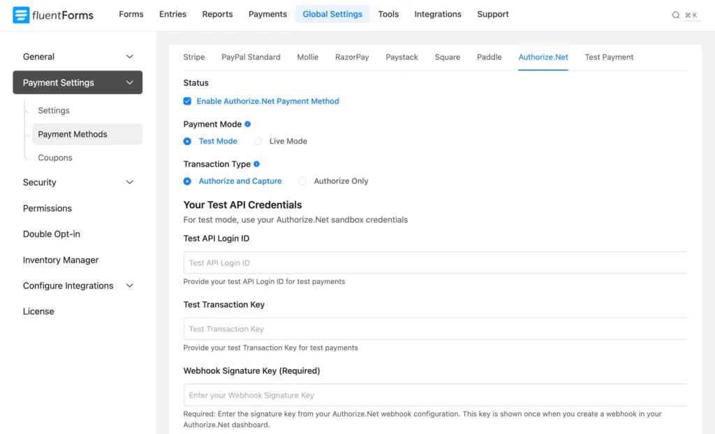 connect payment gateways to fluent forms
