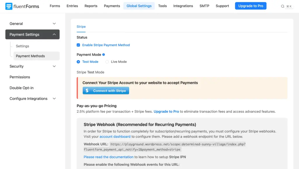 connect stripe to fluent forms to accept credit card payments