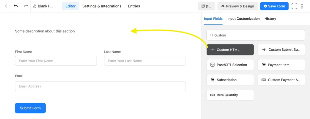 Custom HTML drag and drop field