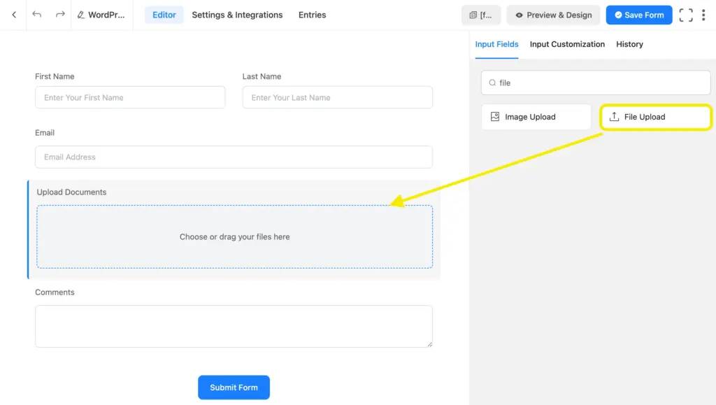 File Upload field to collect images in WordPress form