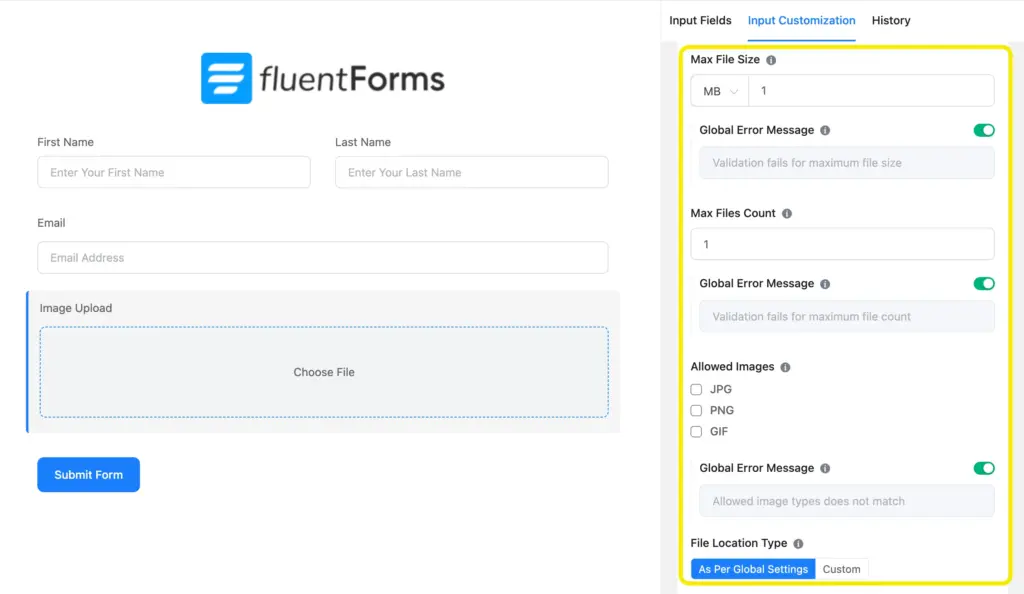 Settings in Image Upload Field