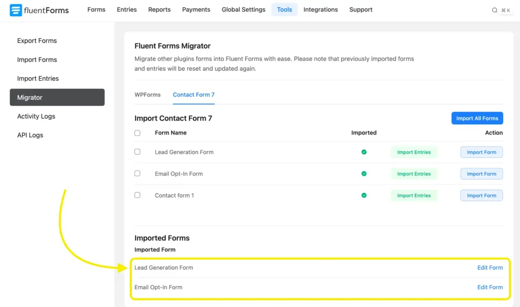 Multiple imported forms edit option