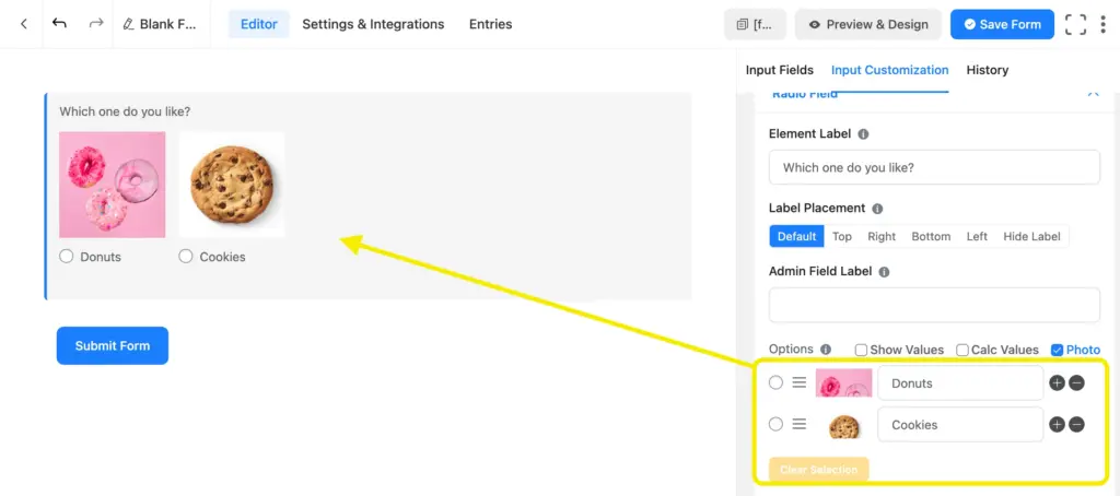 Relevant images as options in Radio Field