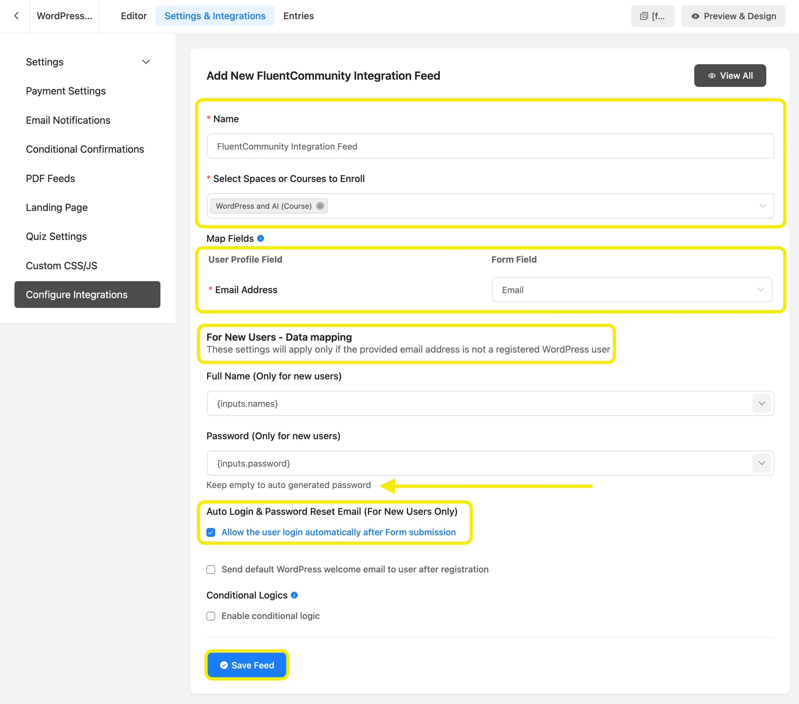 FluentCommunity Integration Feed configuration screen with field mapping for email, full name, password, and auto-login options highlighted.