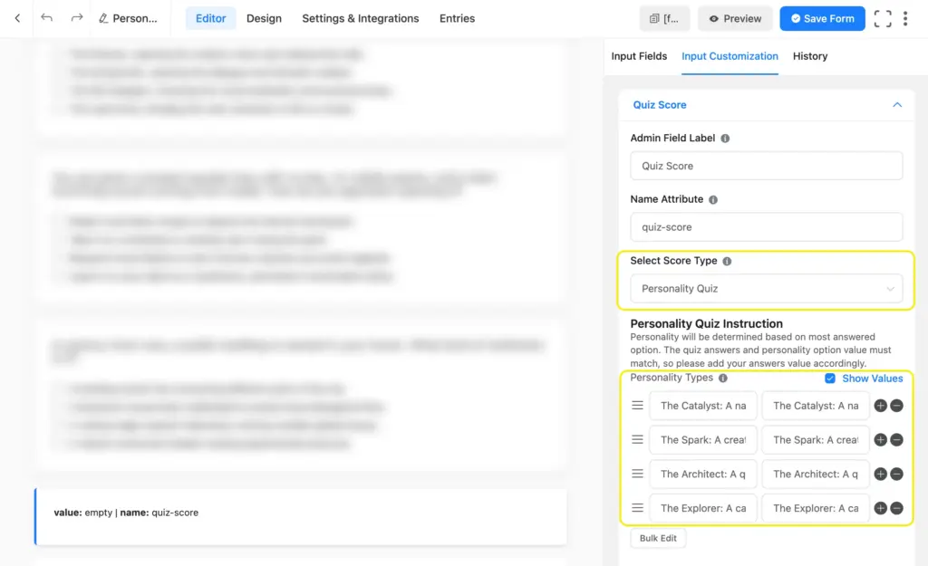 Add and configure the quiz score field