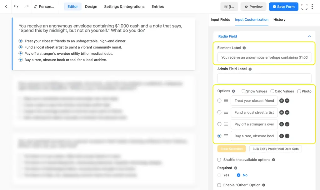 Add your questions using radio fields