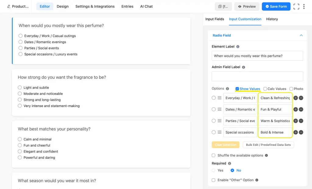 Assign product categories to quiz answer options