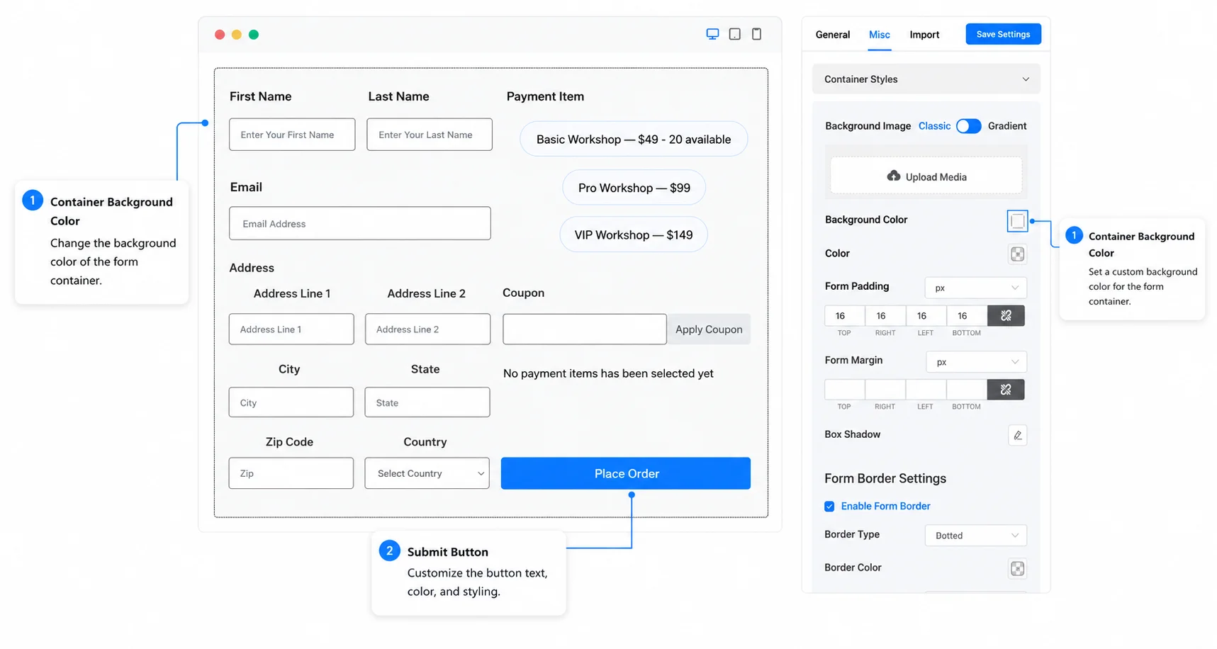 Form Styler in Preview and Design view
Fluent Forms Preview and Design view showing the styled checkout page form on the left with white background and rounded input fields, and the Form Styler customization panel on the right.