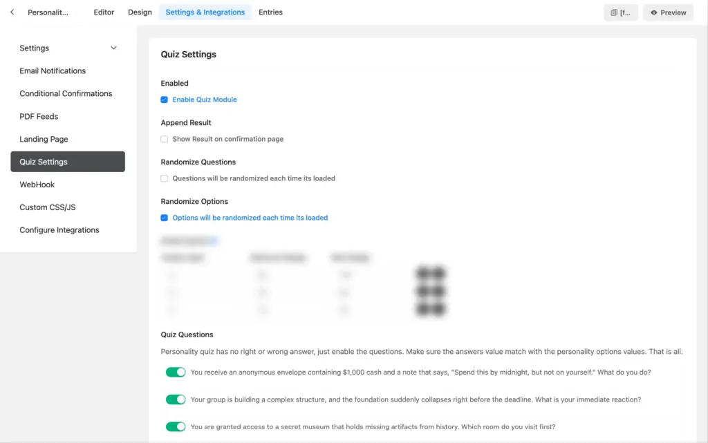 Configure quiz settings