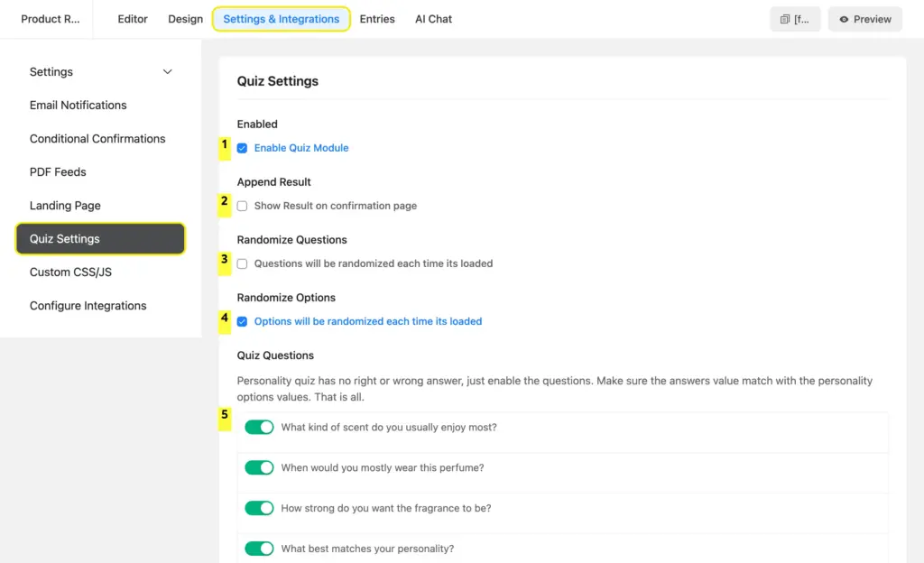 Configure the quiz setting for your product recommendation quiz