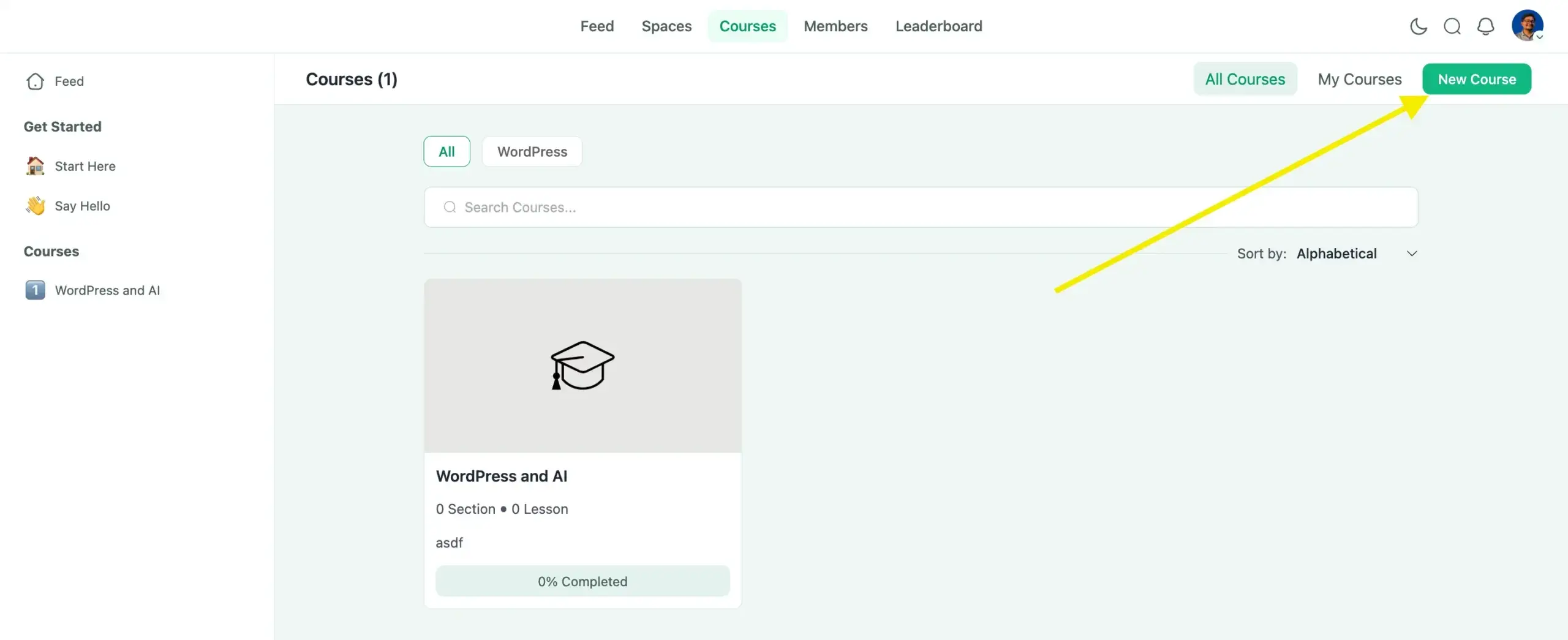 FluentCommunity Courses tab showing existing courses and the green 'New Course' button highlighted in yellow.