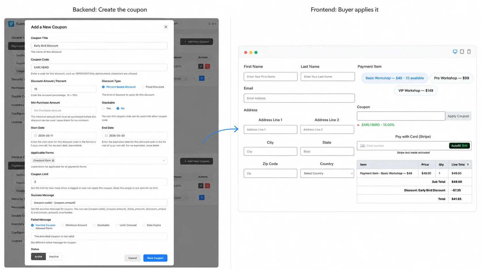 Coupon creation and application (side-by-side)
Left: Fluent Forms coupon creation screen with Early Bird Discount code, 15 percent off, and start and end dates configured. Right: frontend checkout form showing the EARLYBIRD coupon applied with the discount reflected in the Payment Summary total.