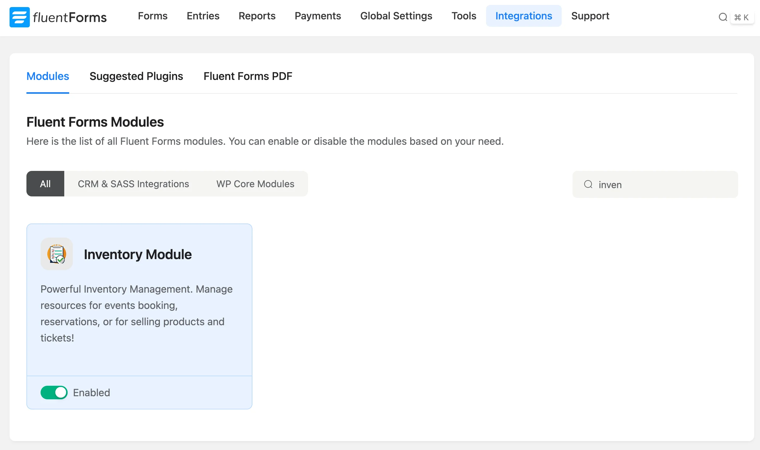 Inventory Module toggle
Fluent Forms Integrations page with Inventory typed in the search bar and the Inventory Module card toggled on.