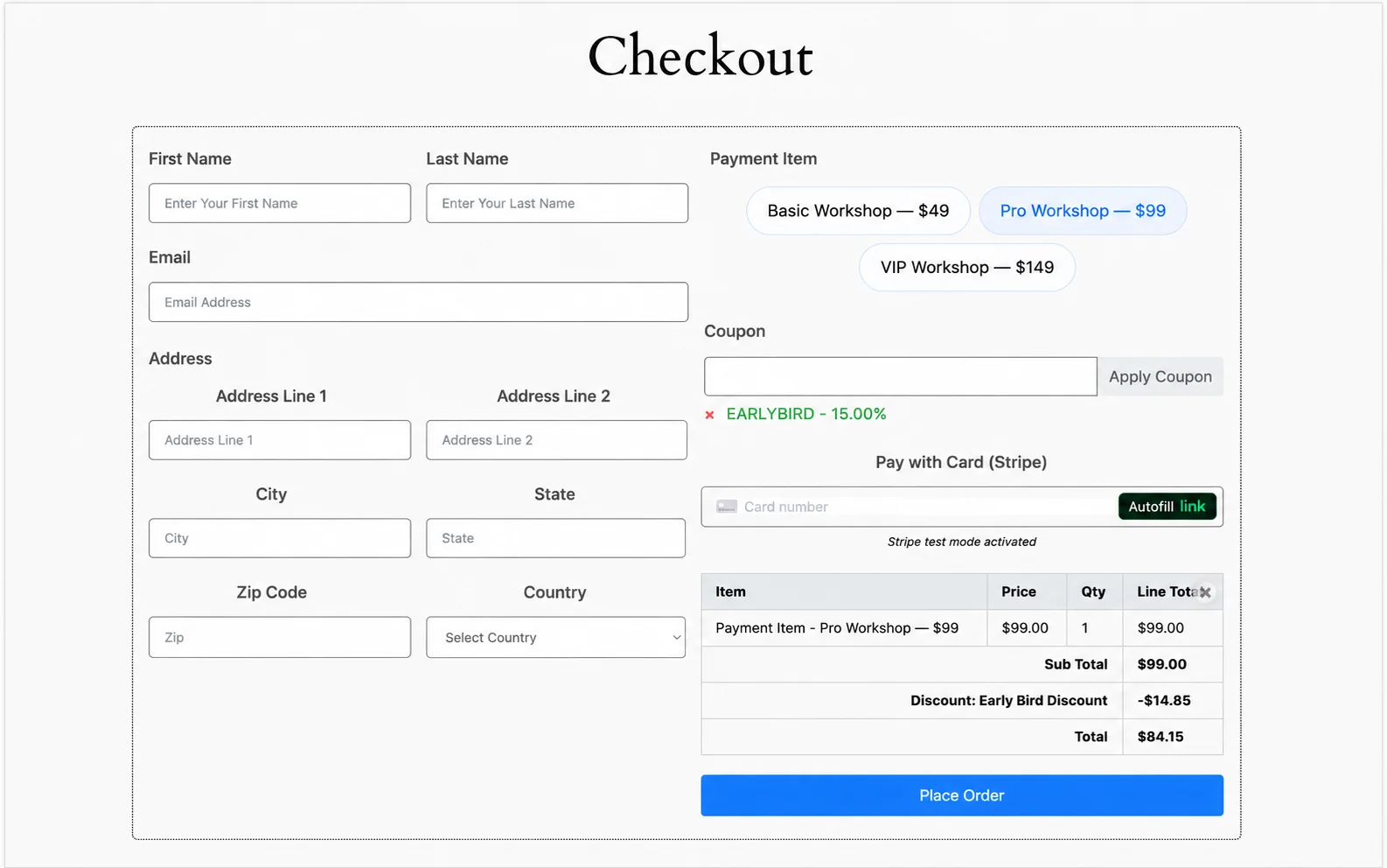 Styled checkout page built with Fluent Forms on the frontend showing a two-column layout with customer details on the left, payment item selected and coupon applied on the right, payment summary displaying the total, and a Complete Purchase button at the bottom.