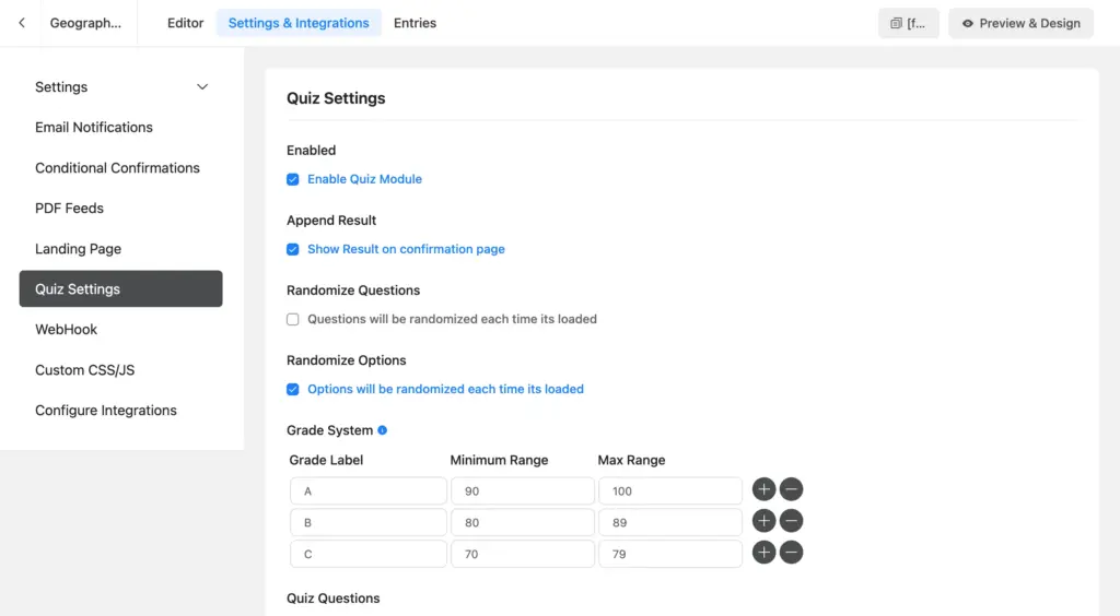 Fluent Forms quiz settings