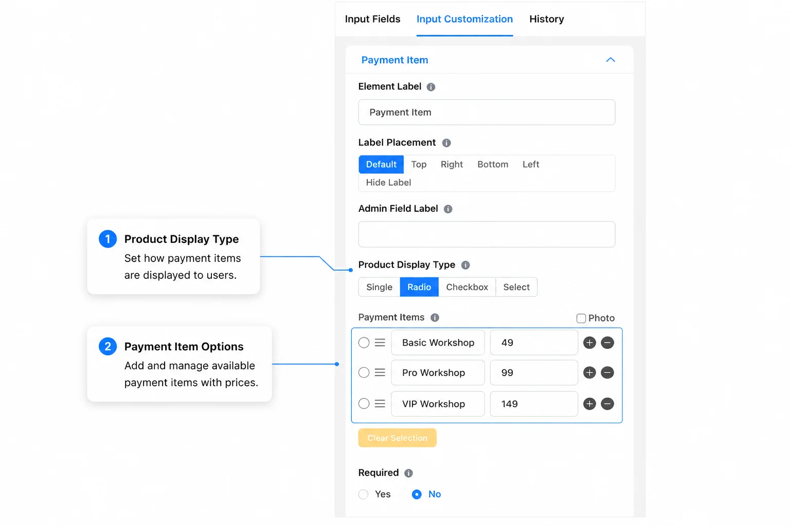 Payment Item settings
Payment Item field settings in Fluent Forms showing Radio product display type selected with three workshop tier options at $49, $99, and $149.