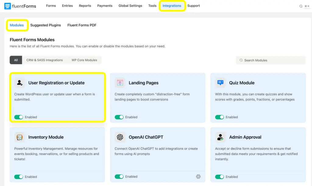 Toggle on the User Registration or Update module to enable user registration in a form.