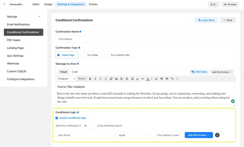 Write conditional confirmation messages to show relevant personality descriptions