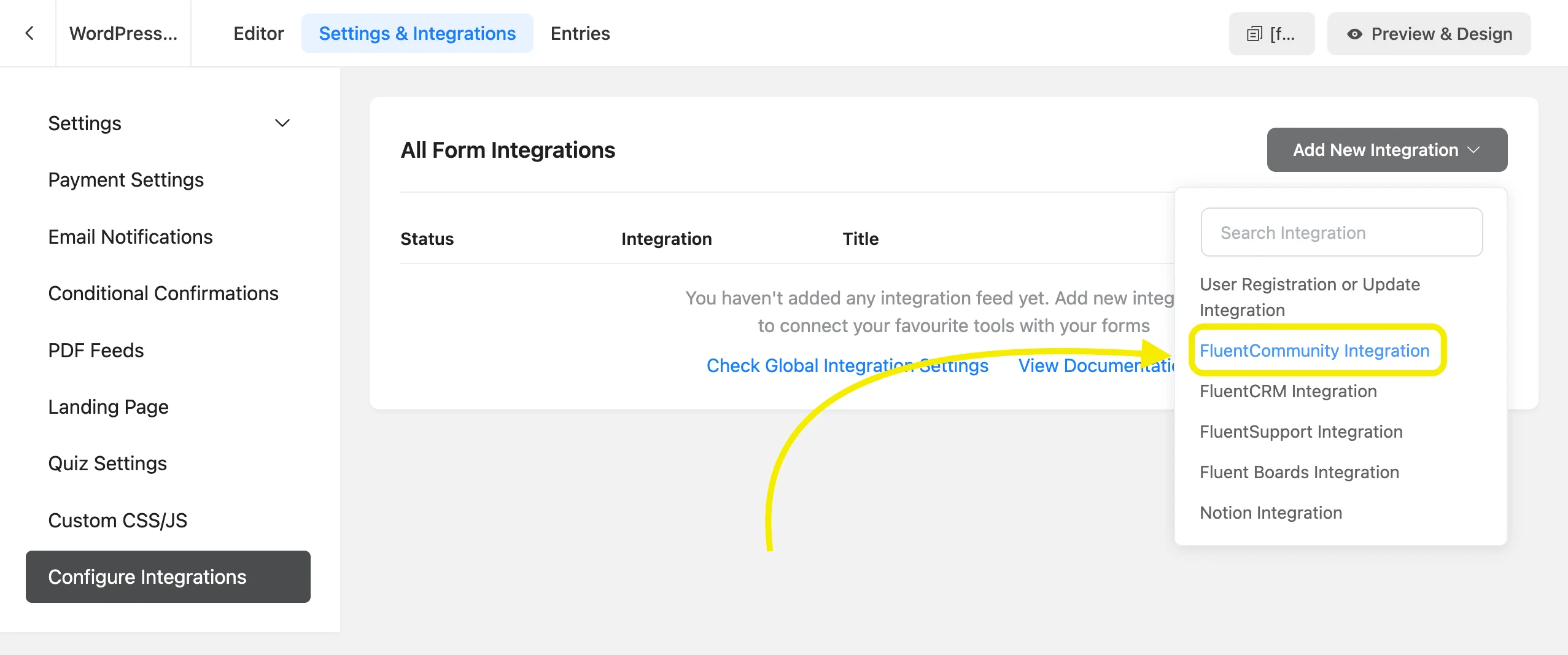 WordPress Fluent Forms Settings & Integrations page showing the dropdown menu with FluentCommunity Integration highlighted in yellow.
