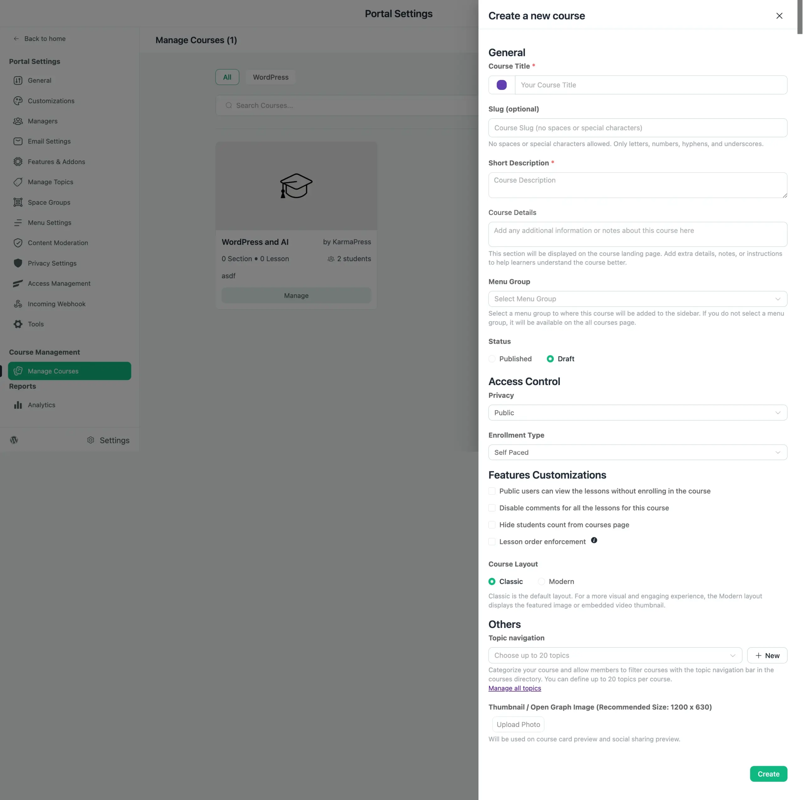 Portal Settings interface displaying the 'Create a new course' form with fields for course title, description, status, and layout options.