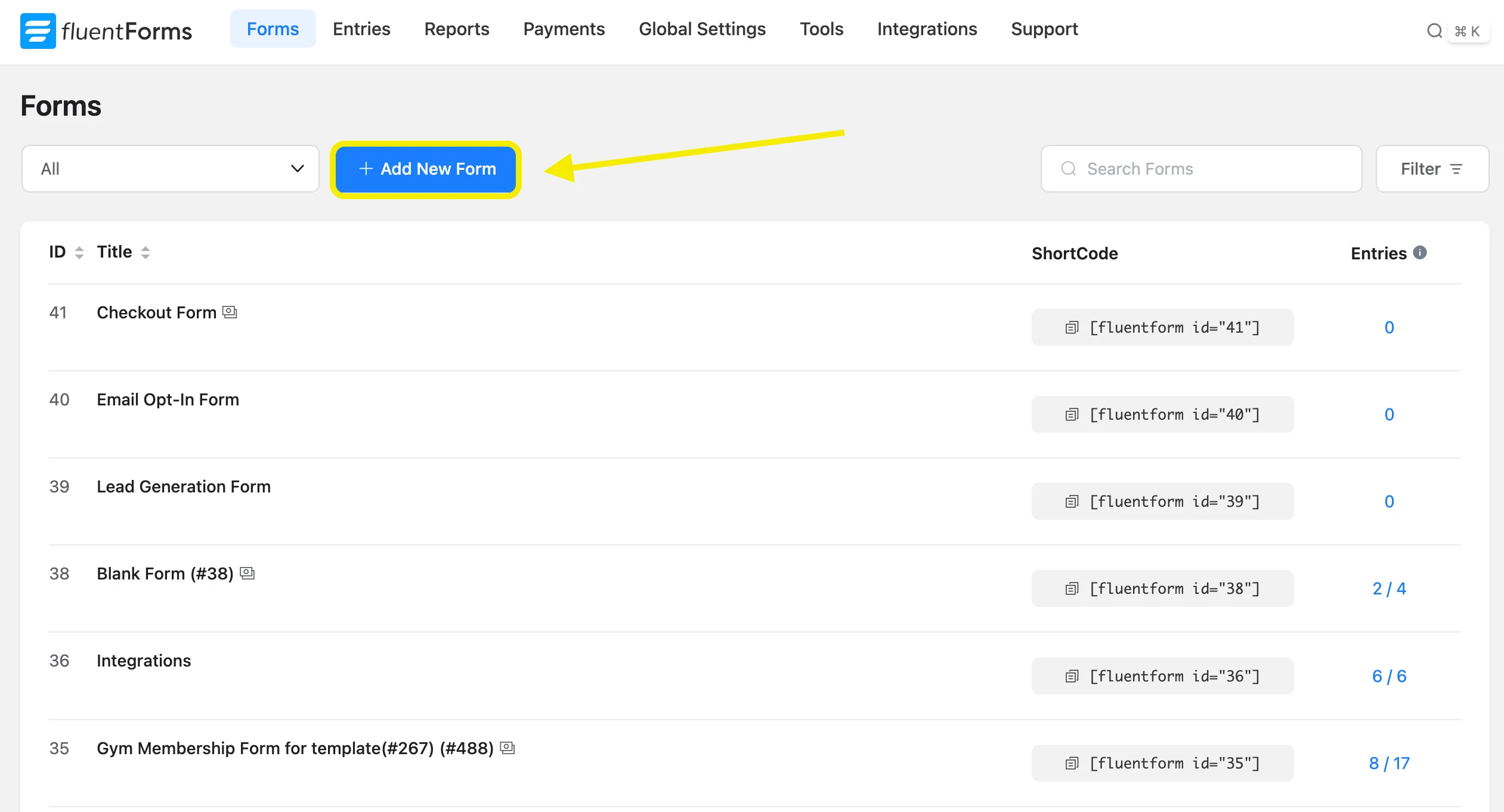 Fluent Forms dashboard showing the Forms list page with the blue '+ Add New Form' button highlighted in yellow